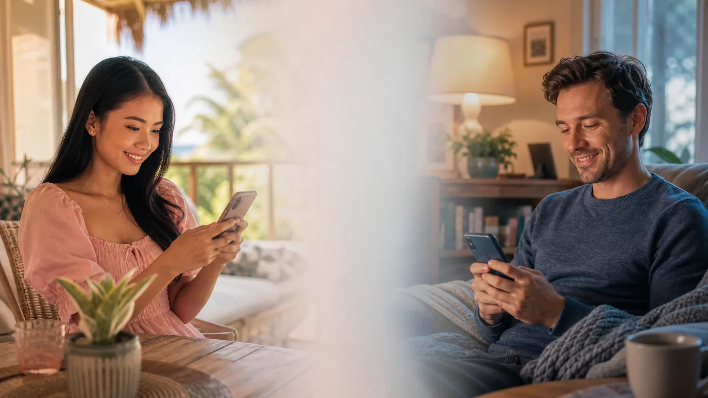 Two adults in different homes share a relaxed online conversation.