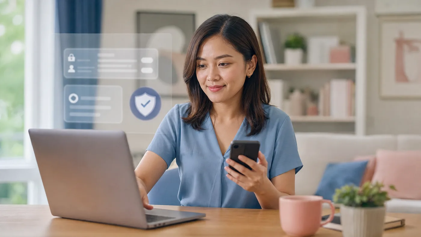 An adult calmly reviews privacy and account controls at home.