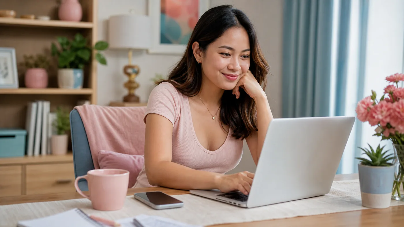 An adult drafts a personal profile in a comfortable home setting.